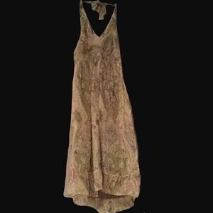 Silk Paisley Green Pink Dress Midi Halter Sundress Sheer Layered Drawstring Hem